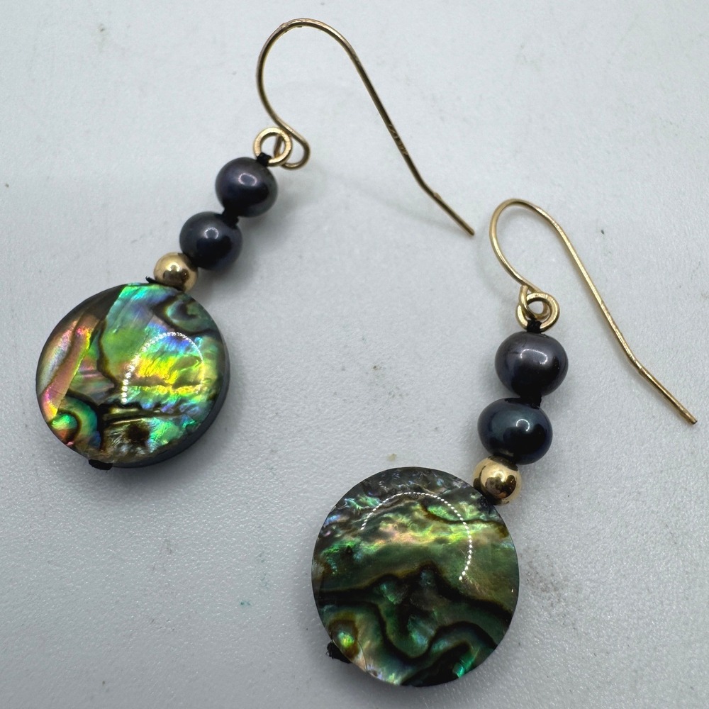 Handmade Abalone Shell and Black Pearl Drop Earrings Gold Tone Fishhook Dangle